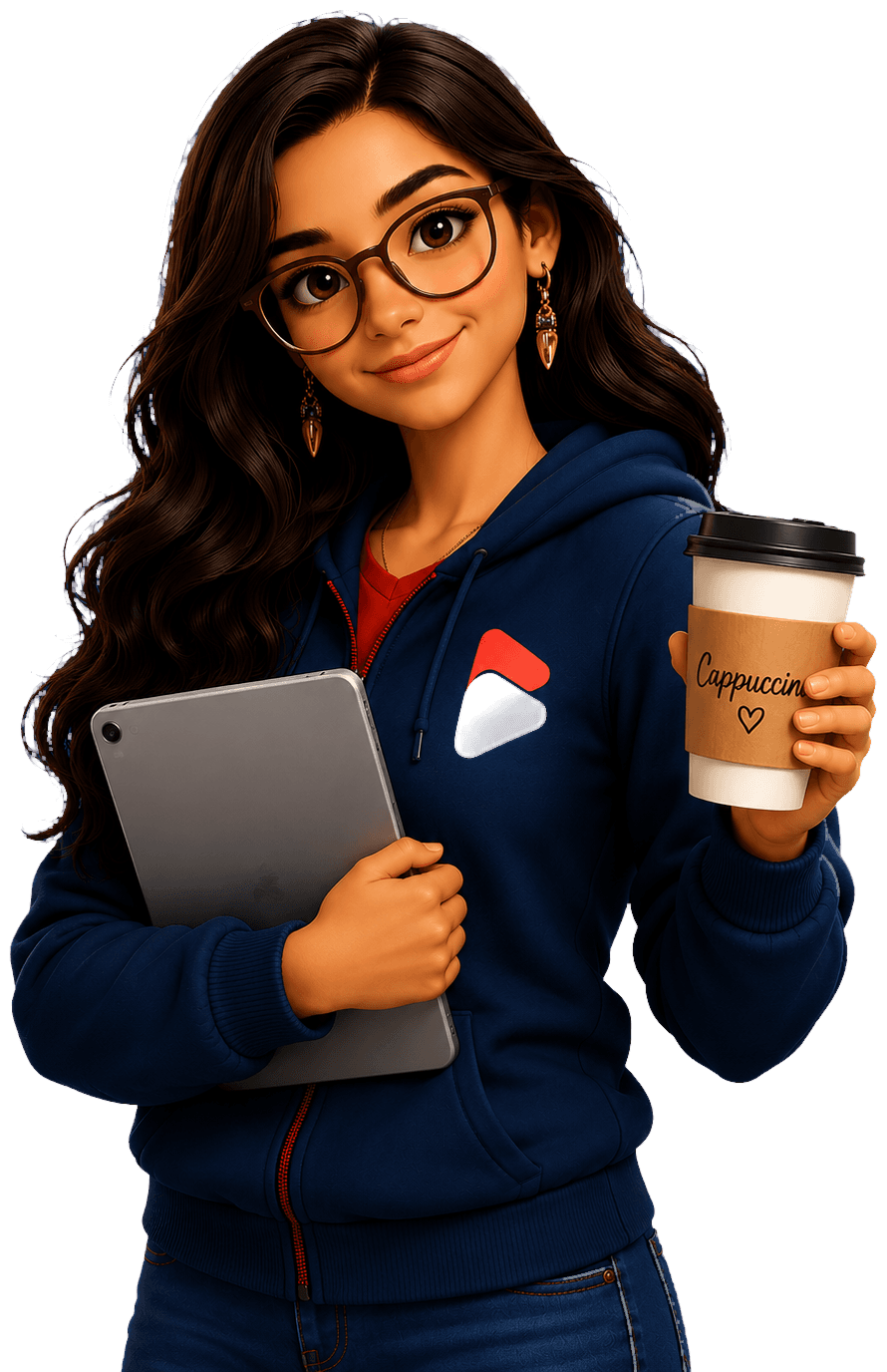 Bia segurando um tablet e um capuccino